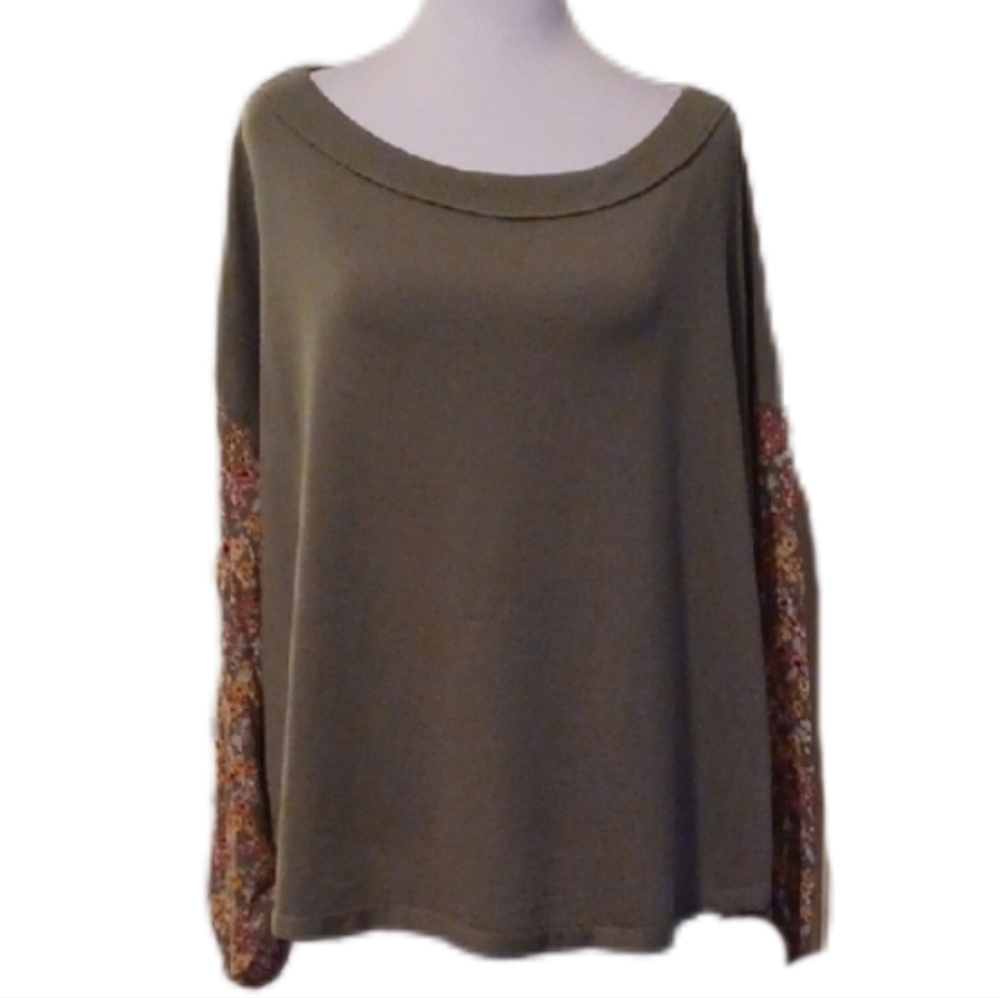 Olive Green Women's Top with Floral Sleeves Size Large